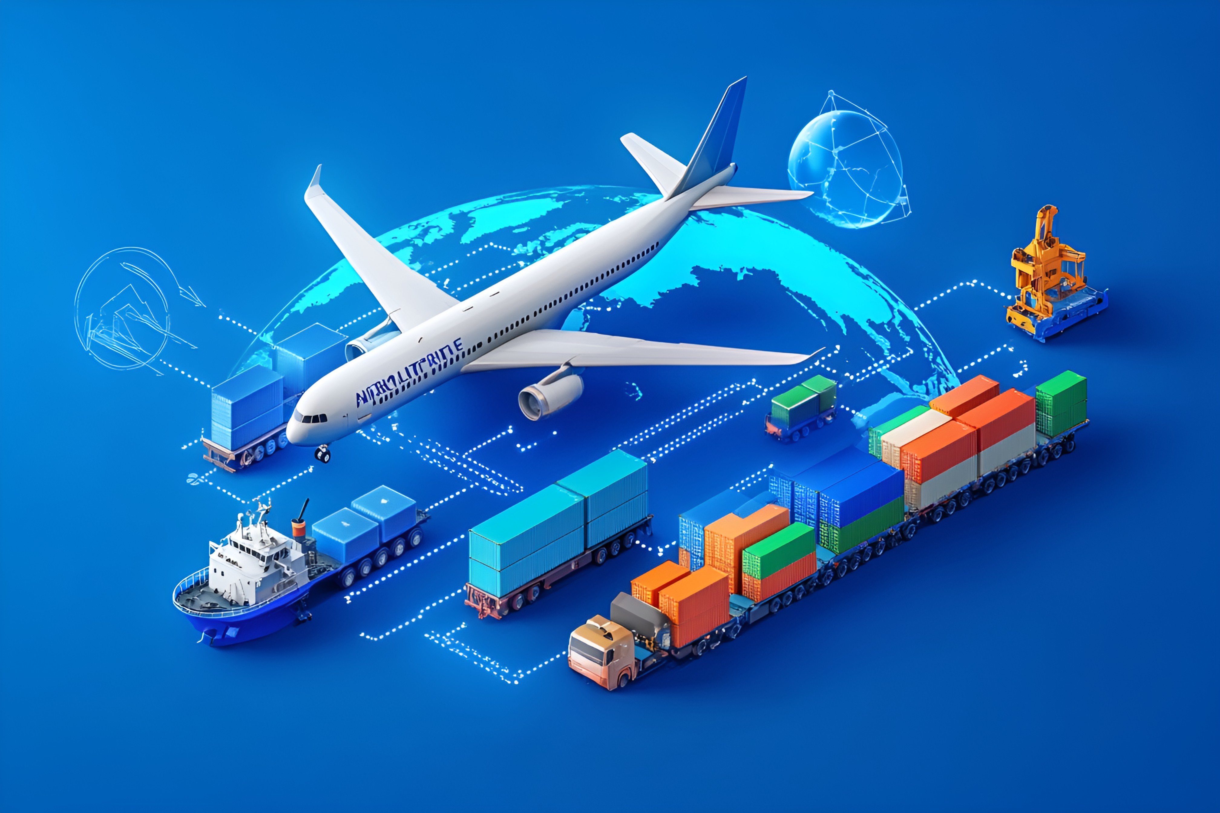 3D渲染蓝色地球图案飞机货船卡车集装箱物流场景插画（仅供交流学习非商用）.jpg